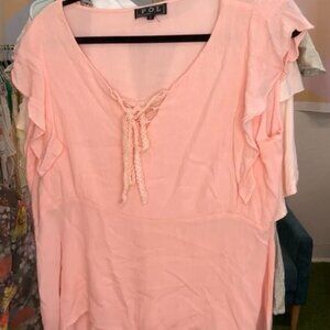 LADIES SIZE S POL PEACH SHORT FLUTTER SLEEVES LACE UP CRINKLE FABRIC SHIRT